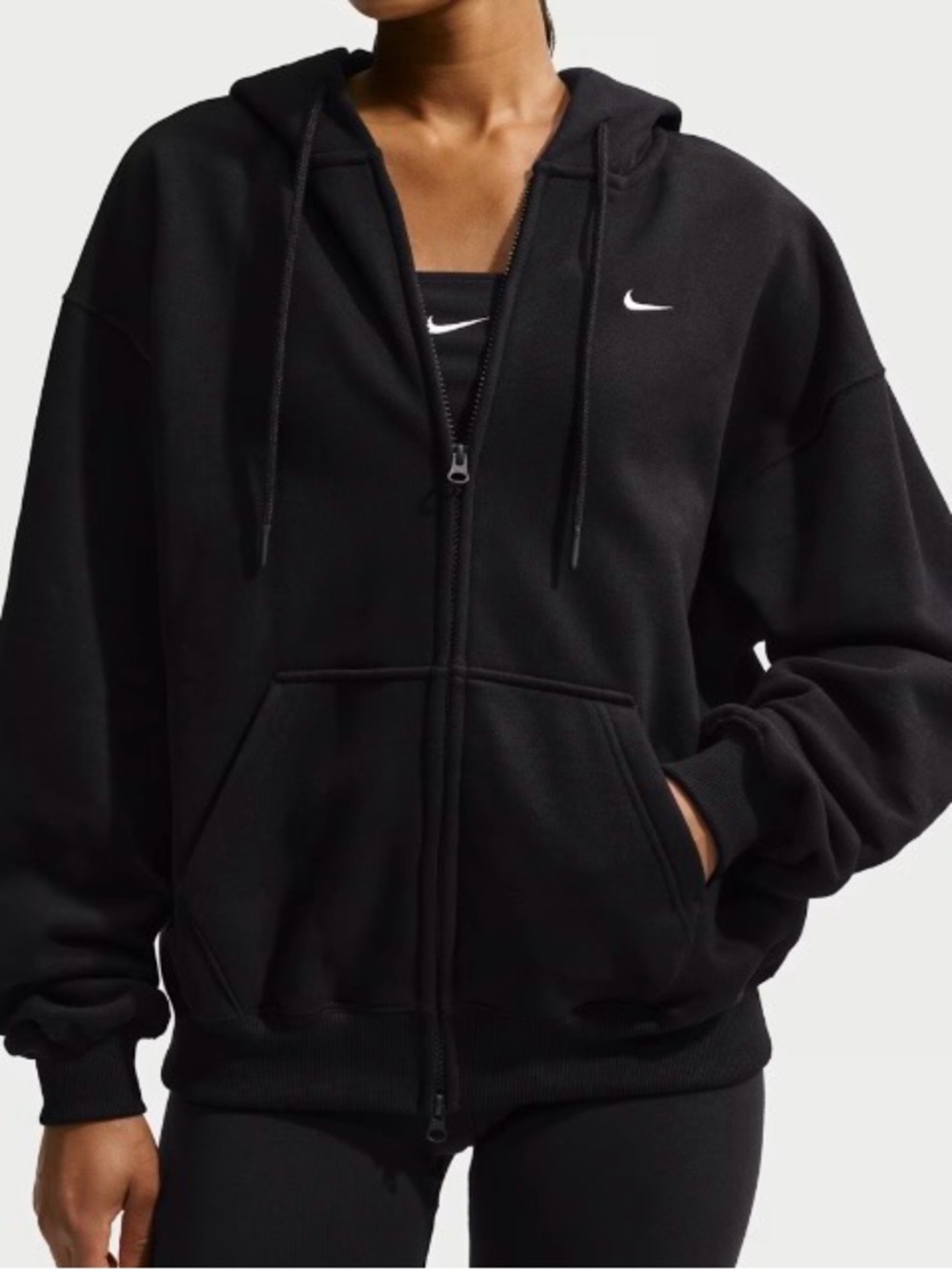 Nike- Full Zipper Black Logo Hoodie with High Neck Zip Closure. Size: Small